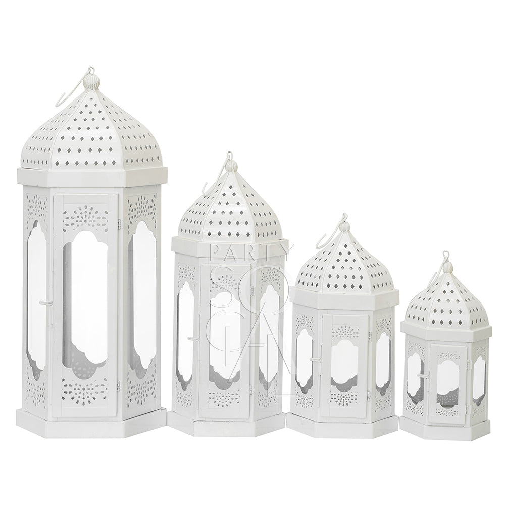 WHITE MOROCCAN LANTERNS in various sizes with dome tops and intricate designs, suitable for enhancing party or event decor. Candles not included.