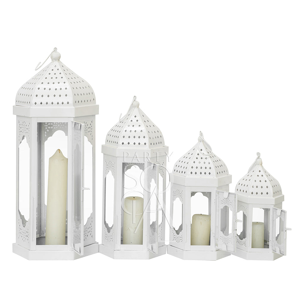 WHITE MOROCCAN LANTERNS in varying sizes, displayed as a set, perfect for event decor. Candles shown are not included, enhancing party ambiance effortlessly.