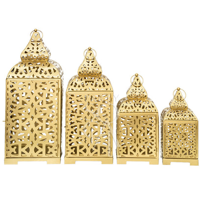 Gold Arabic Lanterns in various sizes, featuring intricate designs and handles. Perfect for event decor. Candles not included.