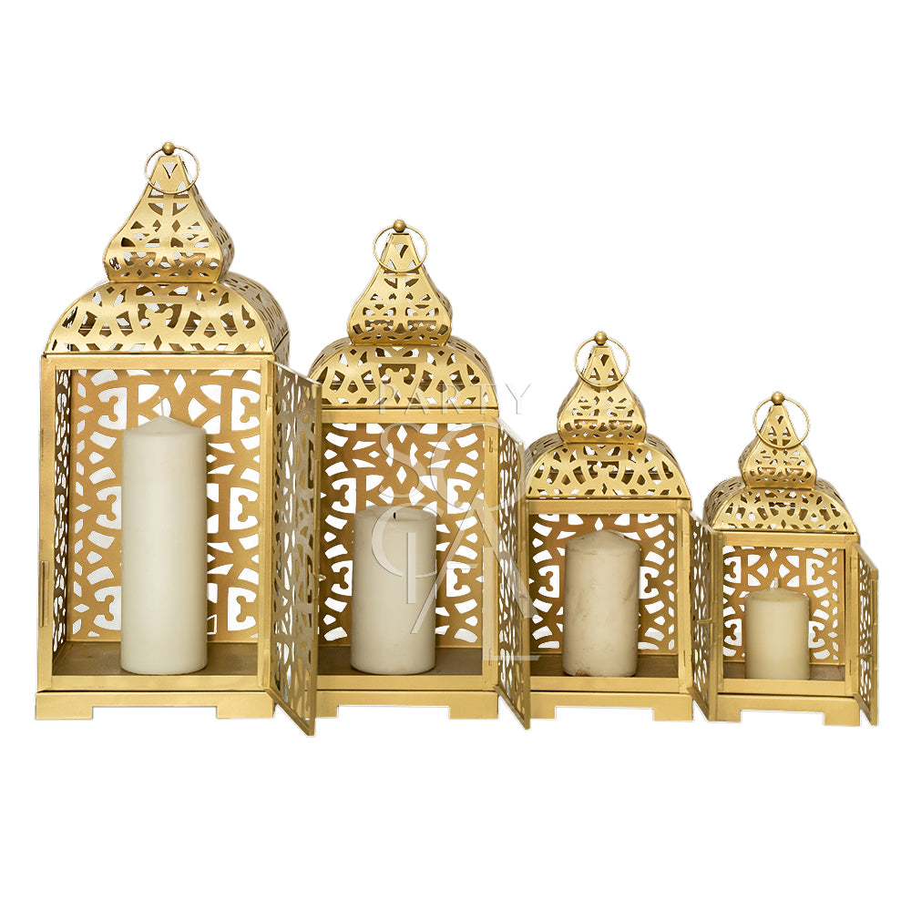 Gold Arabic Lanterns in various sizes, showcased in a row, ideal for event decoration. Candles displayed are for illustrative purposes and not included.