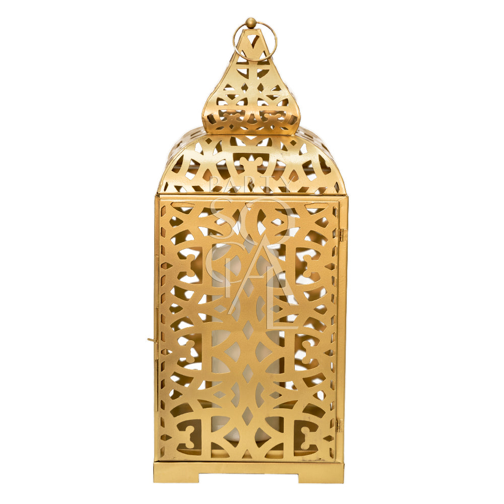 Gold Arabic Lantern with intricate design, suitable for event decor. Available in various sizes. Candles not included. Ideal for enhancing party and event ambiance.