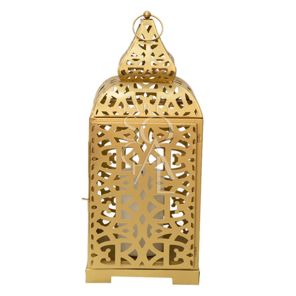 GOLD ARABIC LANTERNS featuring intricate design, ideal for event decor. Candles not included. Available in sizes from Extra Small to Large.