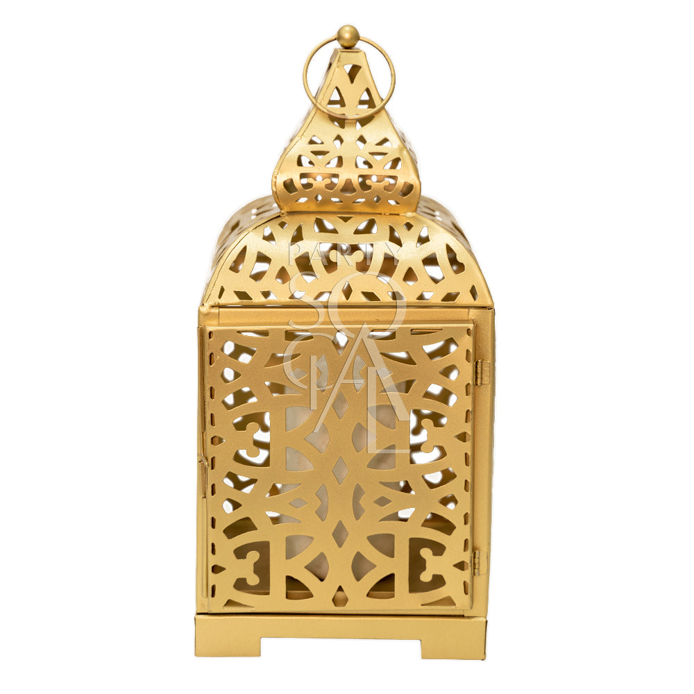 Gold Arabic Lanterns in various sizes, featuring intricate metalwork, ideal for event decor. Candles are not included. Available in Extra Small, Small, Medium, and Large.