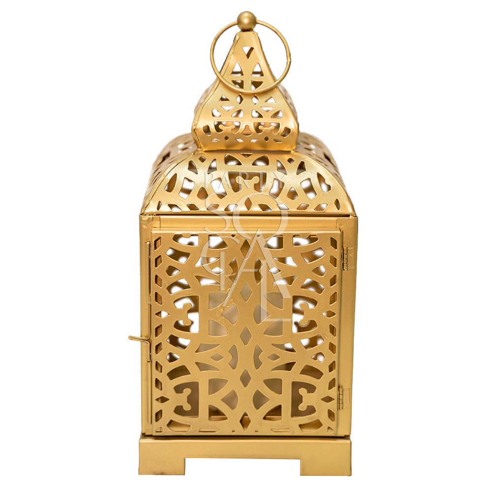 GOLD ARABIC LANTERNS with a decorative ring, ideal for events. Available in various sizes for stylish party decor. Candles not included.