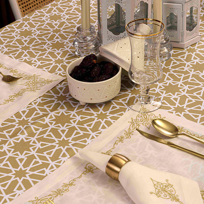 Geometric Patterned Polyester Linen Tablecloth with table setting and glassware.