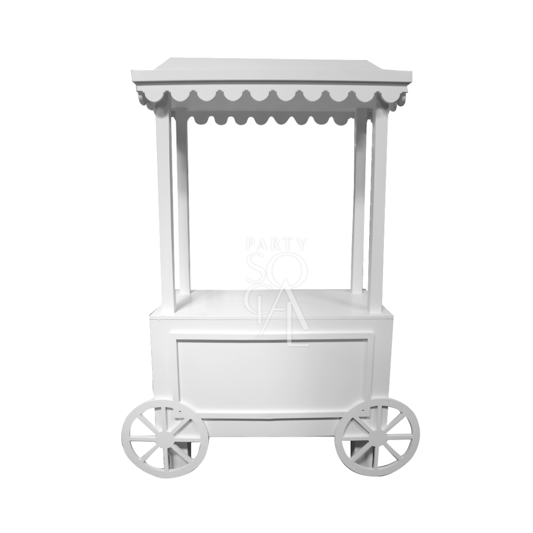 White Dessert Cart with wheels, ideal for event props. Dimensions: 120cm L x 200cm H, suitable for party and event setups.