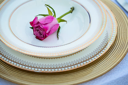 Classic China Gold Plates featuring a pink rose centerpiece on a porcelain platter, ideal for premium events and elegant table settings.