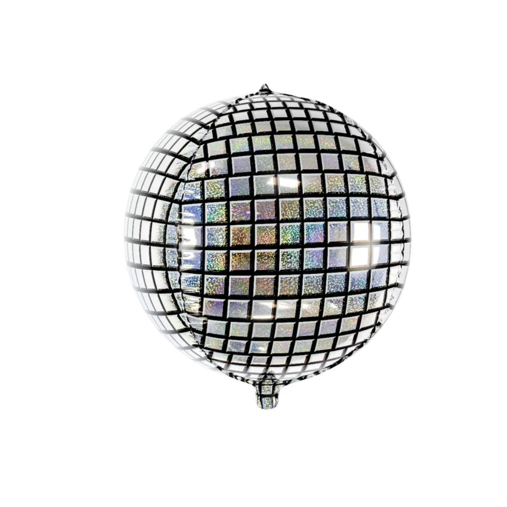 Round 4D Disco Foil Balloon, silver and black, with a grid pattern. Perfect for parties and celebrations, sold in packs of 5.