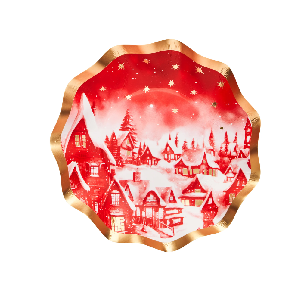 Christmas Village Appetizer & Dessert Bowl featuring a snowy village scene, perfect for serving appetizers or desserts at holiday gatherings. Available in packages of eight.