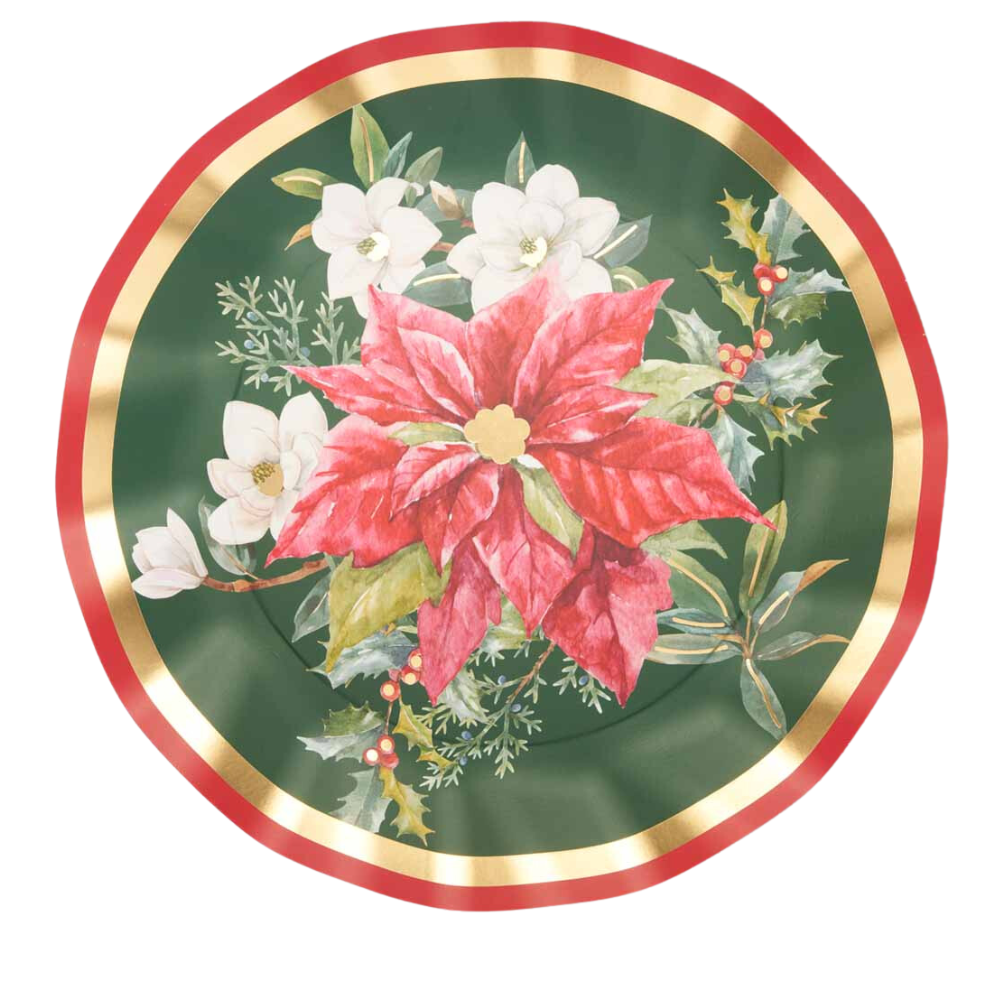 Evergreen Floral Dinner Plate featuring intricate flower design, perfect for enhancing holiday meals. Comes in a package of eight, ideal for festive gatherings.