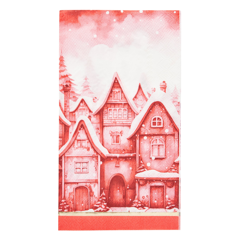 Christmas Village Guest Towel Napkins featuring a scenic winter village design, perfect for festive gatherings, available in a 20-pack. Ideal for enhancing party decor.