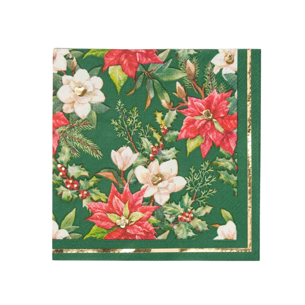 Evergreen Floral Cocktail Napkins, featuring red and white flowers, perfect for adding a festive touch to any event. Comes in a package of 8.