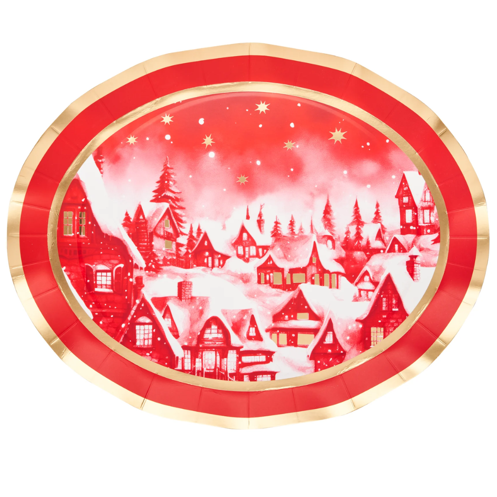 Christmas Village Dinner Plate featuring a snowy village scene, perfect for adding festive charm to holiday dining. Available in packages of eight.