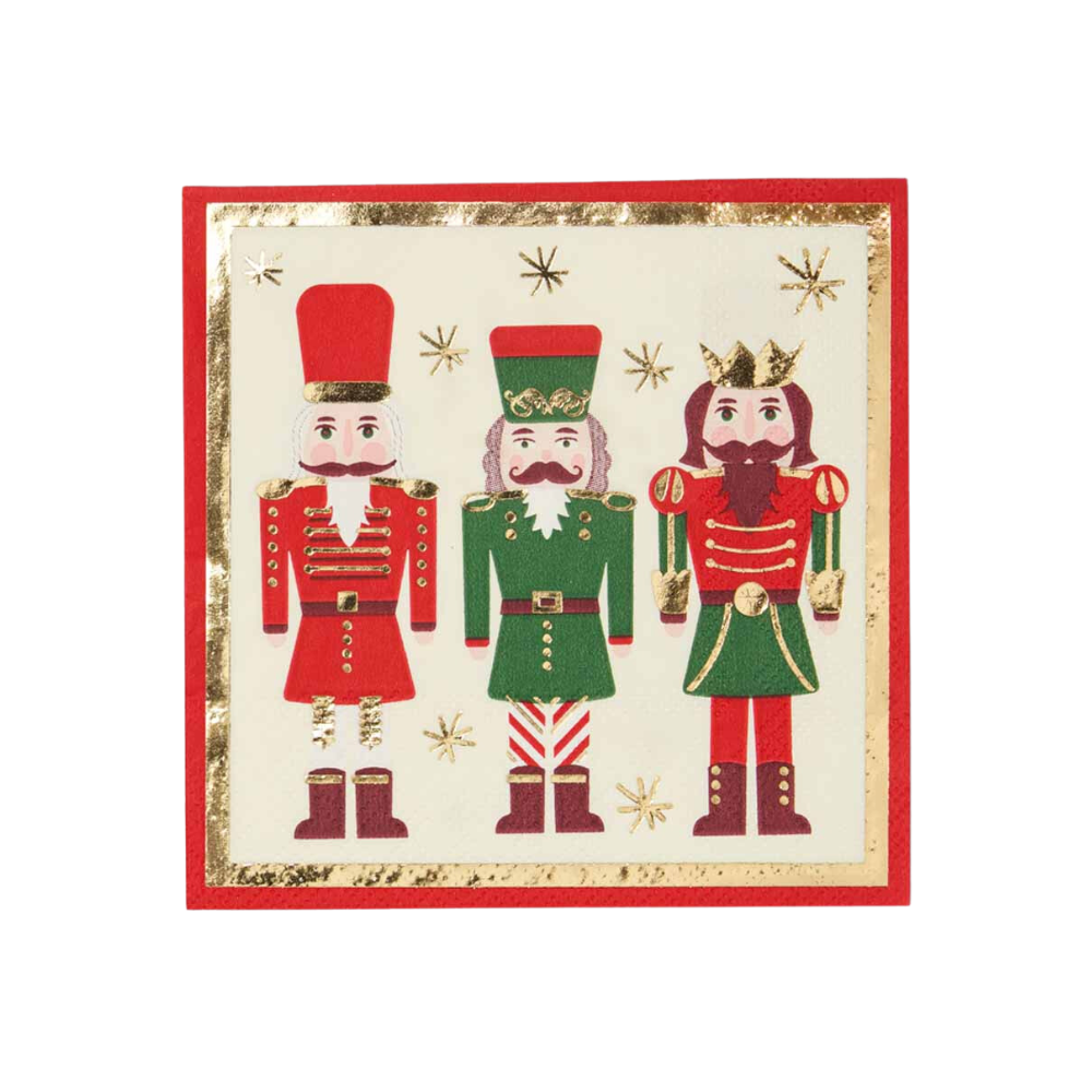 Nutcracker Cocktail Napkins featuring whimsical nutcracker designs, perfect for adding festive charm to your holiday drink setup. Package contains 20 napkins.