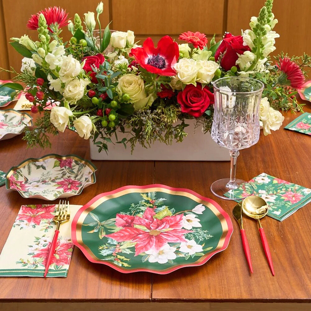 Evergreen Floral Dinner Plate- 8 Per Package; floral design plate on a table with flowers and glass, perfect for enhancing holiday meals.