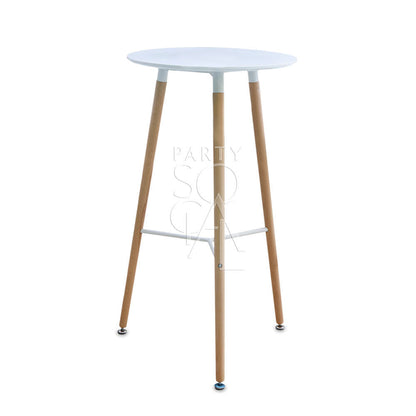 EAMES REPLICA COCKTAIL TABLE with a white round top and wooden legs, ideal for events, available for rent or purchase from Party Social.