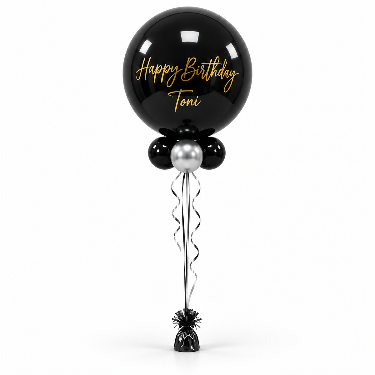 Personalised Happy Birthday Helium Balloon – Black &amp; Gold