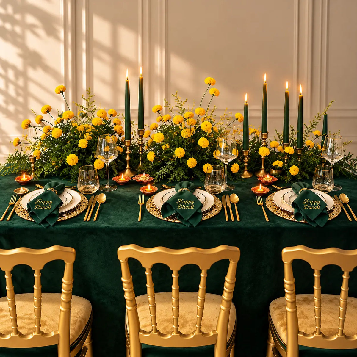 A styled dining table setup with a dark green tablecloth, gold chairs, white plates, gold cutlery, green napkins with gold lettering, and multiple yellow flower arrangements with tall green taper candles against a cream paneled wall.