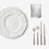 Embossed Tabletop Package: White plates with scroll pattern, crystal tumbler, and silver-tone cutlery set for elegant dining from Party Social.
