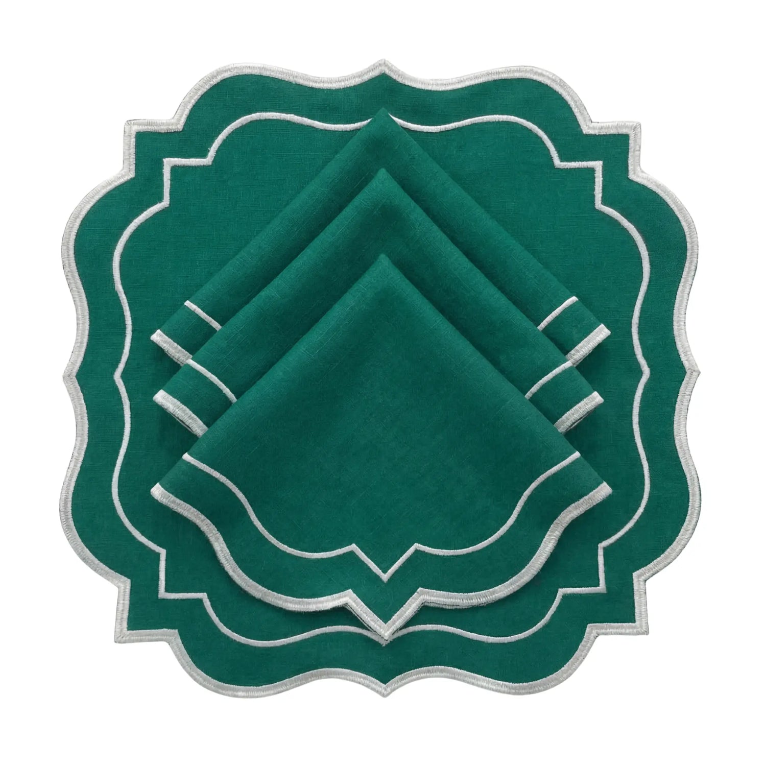 Emerald Green Scalloped Linen Napkins - Set of 4, featuring deep-green fabric with scalloped edges and white embroidery, ideal for elegant table settings and festive occasions.