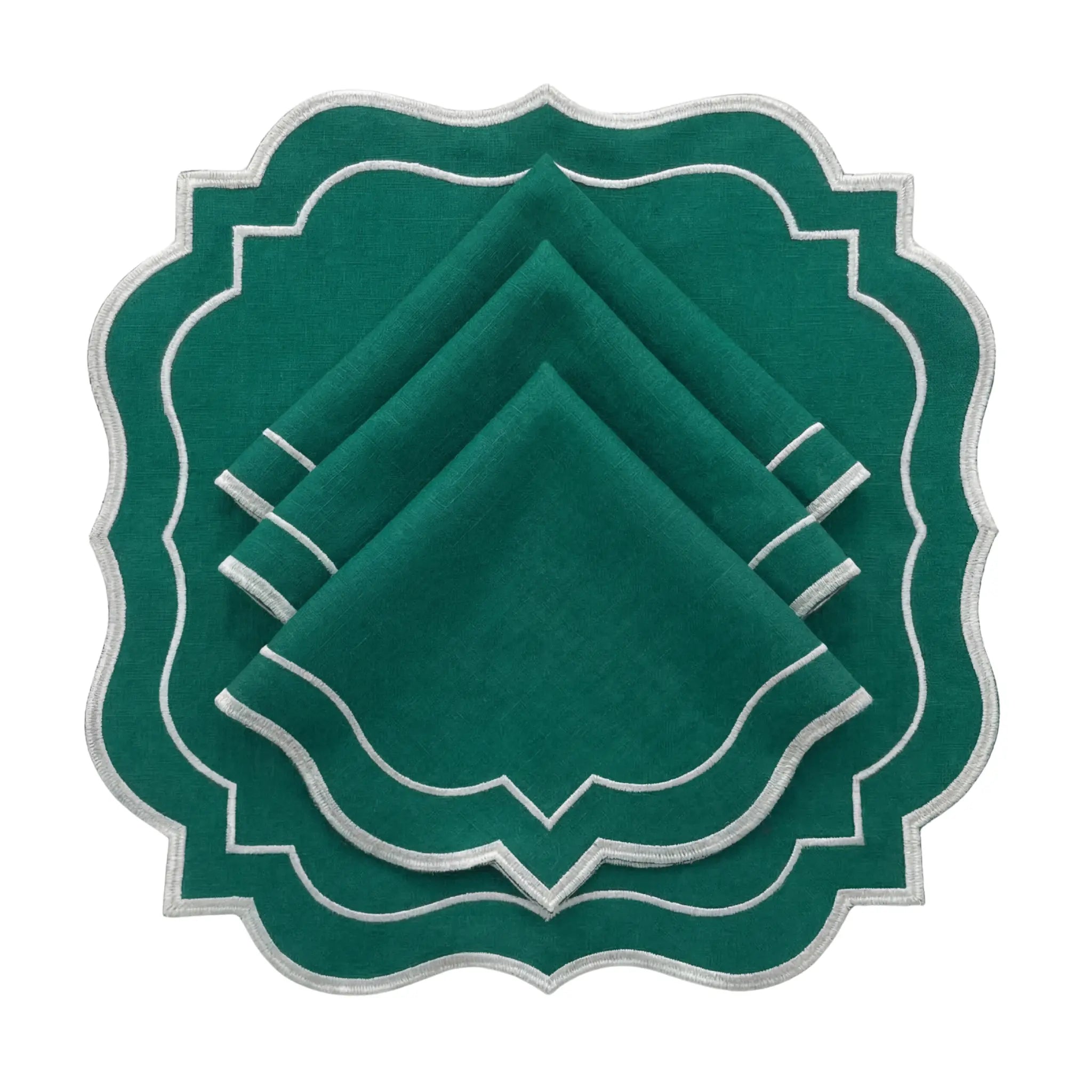 Emerald Green Scalloped Linen Napkins - Set of 4, featuring deep-green fabric with scalloped edges and white embroidery, ideal for elegant table settings and festive occasions.