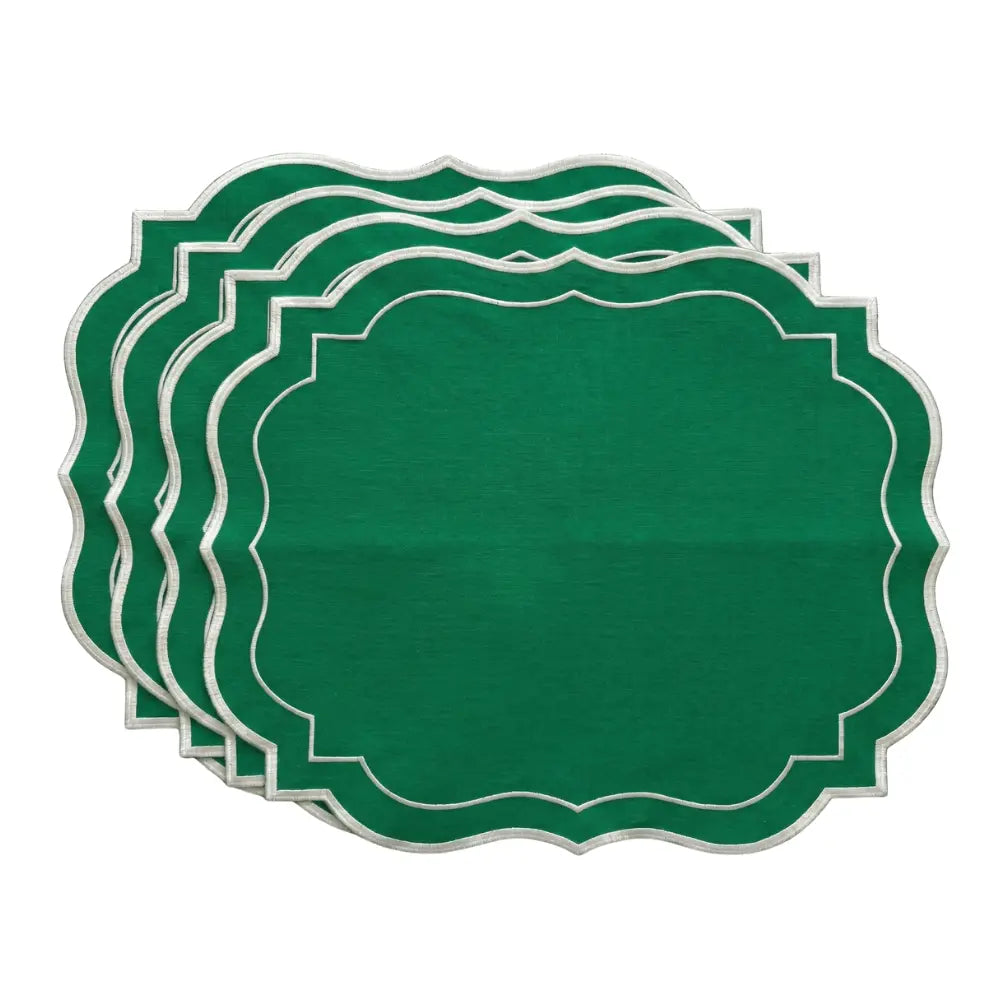 Emerald Green Scalloped Linen Placemats - Set of 4, showcasing elegant scalloped edges with silver trim, perfect for elevating any dining table setting.