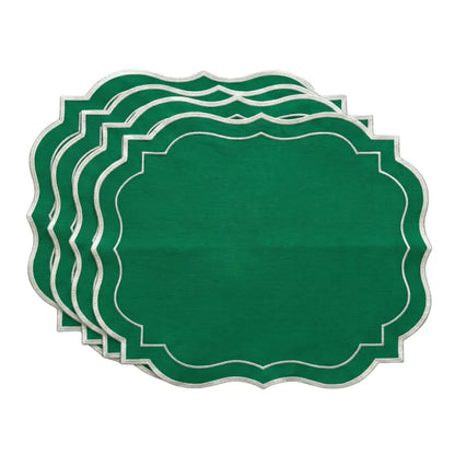 Emerald Green Scalloped Linen Placemats - Set of 4, showcasing elegant scalloped edges with silver trim, perfect for elevating any dining table setting.