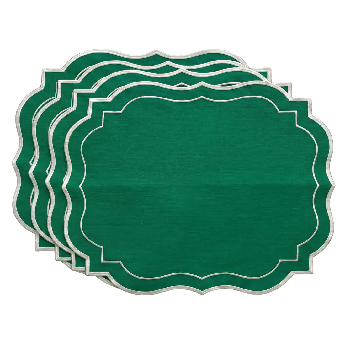 Emerald Green Scalloped Linen Placemats - Set of 4, showcasing elegant scalloped edges with silver trim, perfect for elevating any dining table setting.