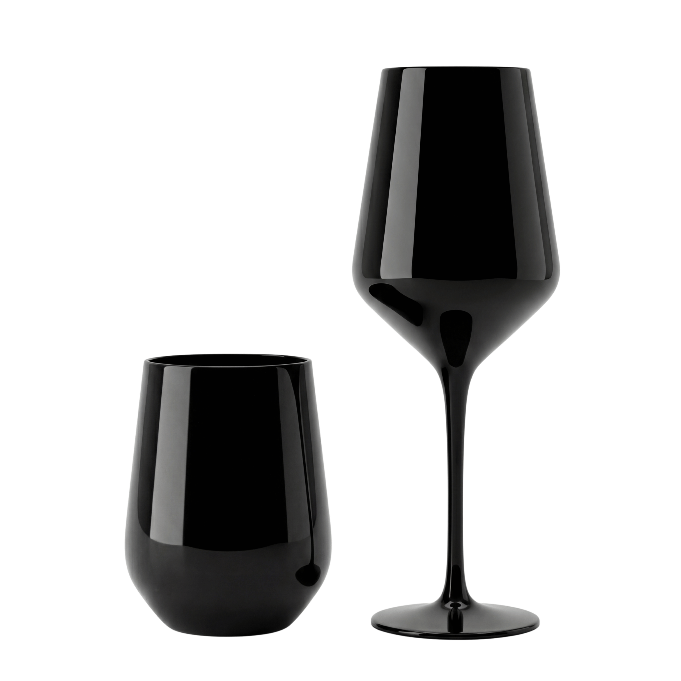 Estelle Black Glassware Collection featuring a sleek stemless tumbler and elegant stemmed wine glass, perfect for enhancing any event setting with sophistication.