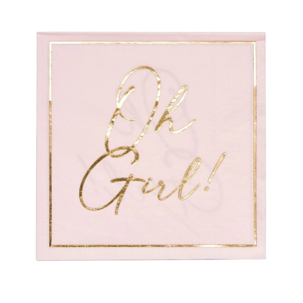 Everyday Blush Luncheon Napkins featuring elegant gold writing, perfect for enhancing any party setting. Includes 20 napkins per package.