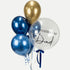Balloon bouquet with gold and blue balloons and a clear balloon with &