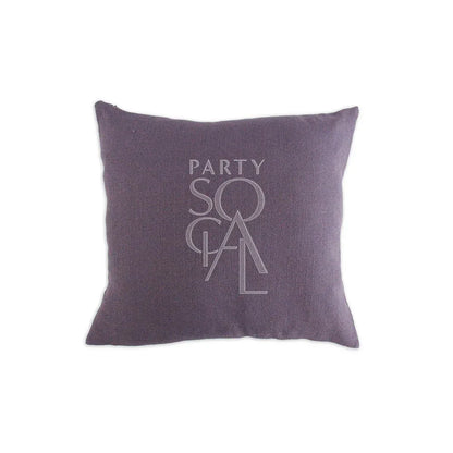 CUSHION COVER LINEN WEAVE with a logo, showcased on a purple pillow. Premium fabric, perfect for enhancing party decor and comfort.