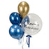 A cluster of balloons on a white background, including three metallic blue balloons, one metallic gold balloon, and one clear round balloon printed with the text &