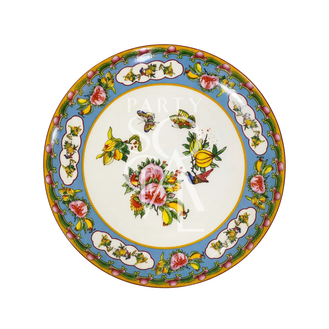 FLORAL PATTERNED PLATES with elegant sky-blue border, featuring pink roses and butterflies, ideal for enhancing any table setting. Available in various sizes for diverse dining needs.