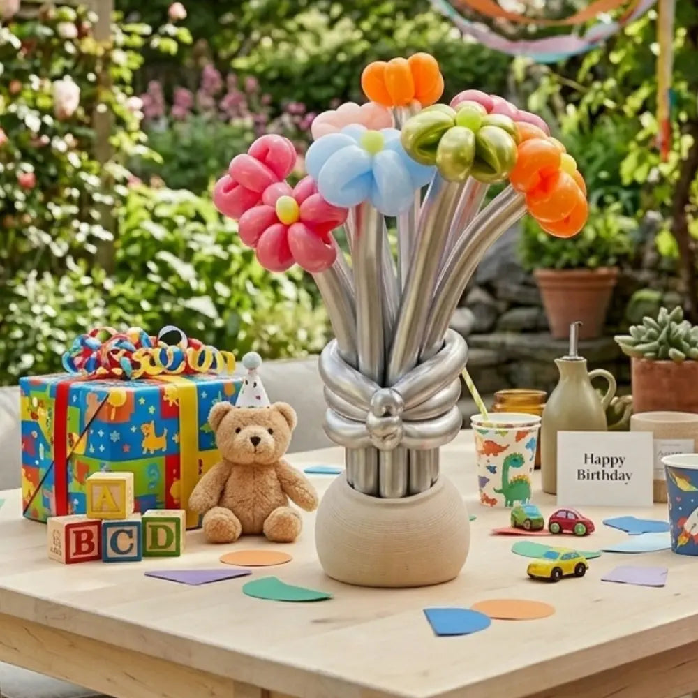Colorful balloon flower arrangement  with birthday decorations outdoors.