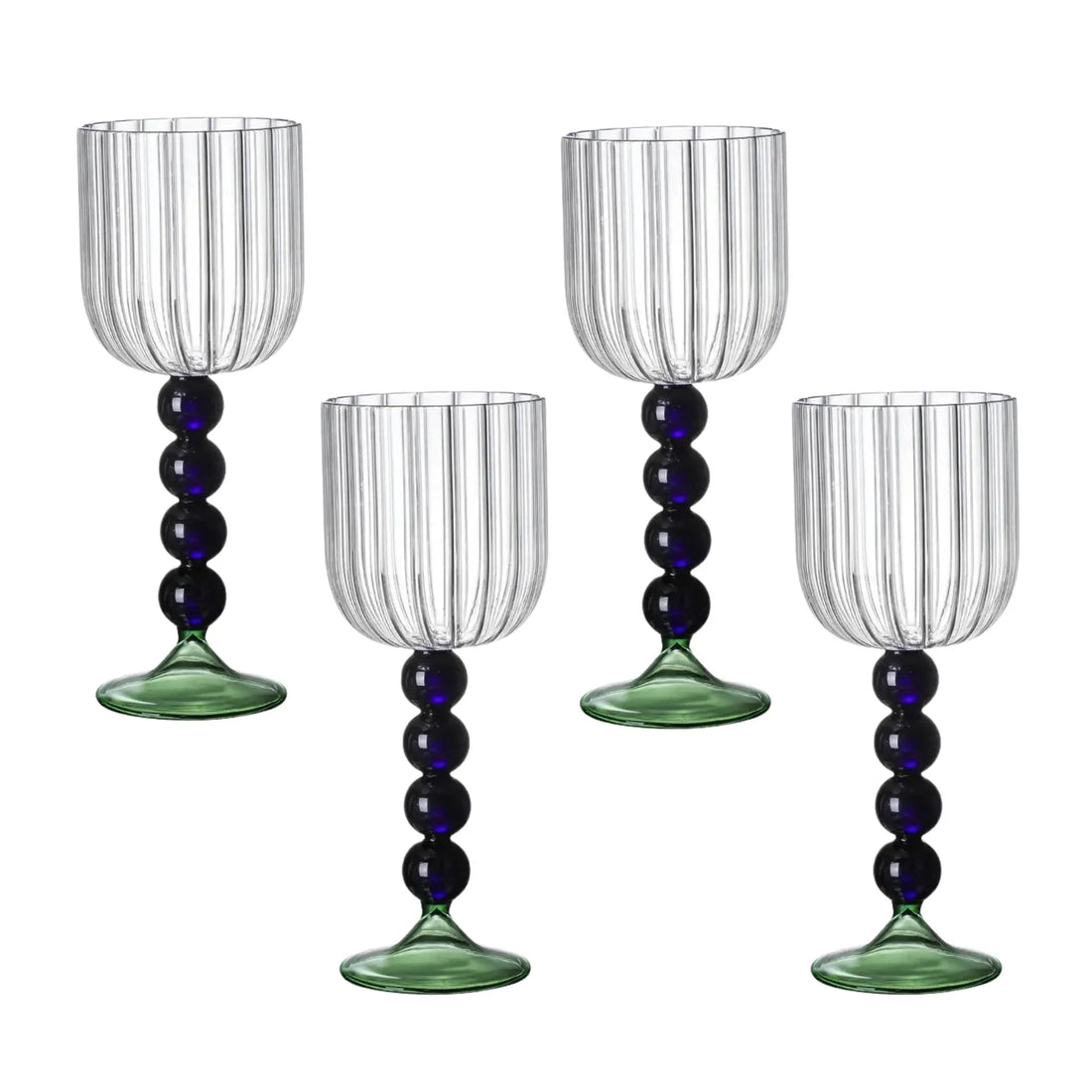 Indigo Bead Stem Glass - Set of 4: Elegant goblets featuring ribbed bowls, indigo beaded stems, and green bases; perfect for stylish entertaining and table settings.