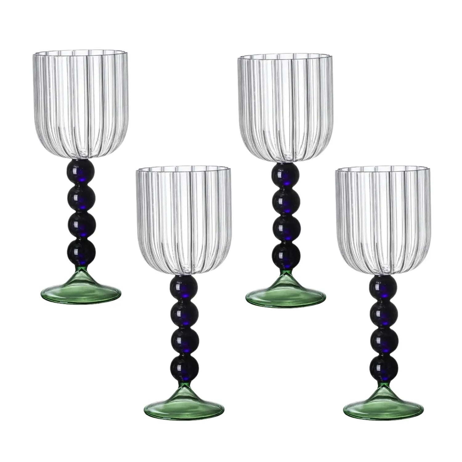 Indigo Bead Stem Glass - Set of 4: Elegant goblets featuring ribbed bowls, indigo beaded stems, and green bases; perfect for stylish entertaining and table settings.