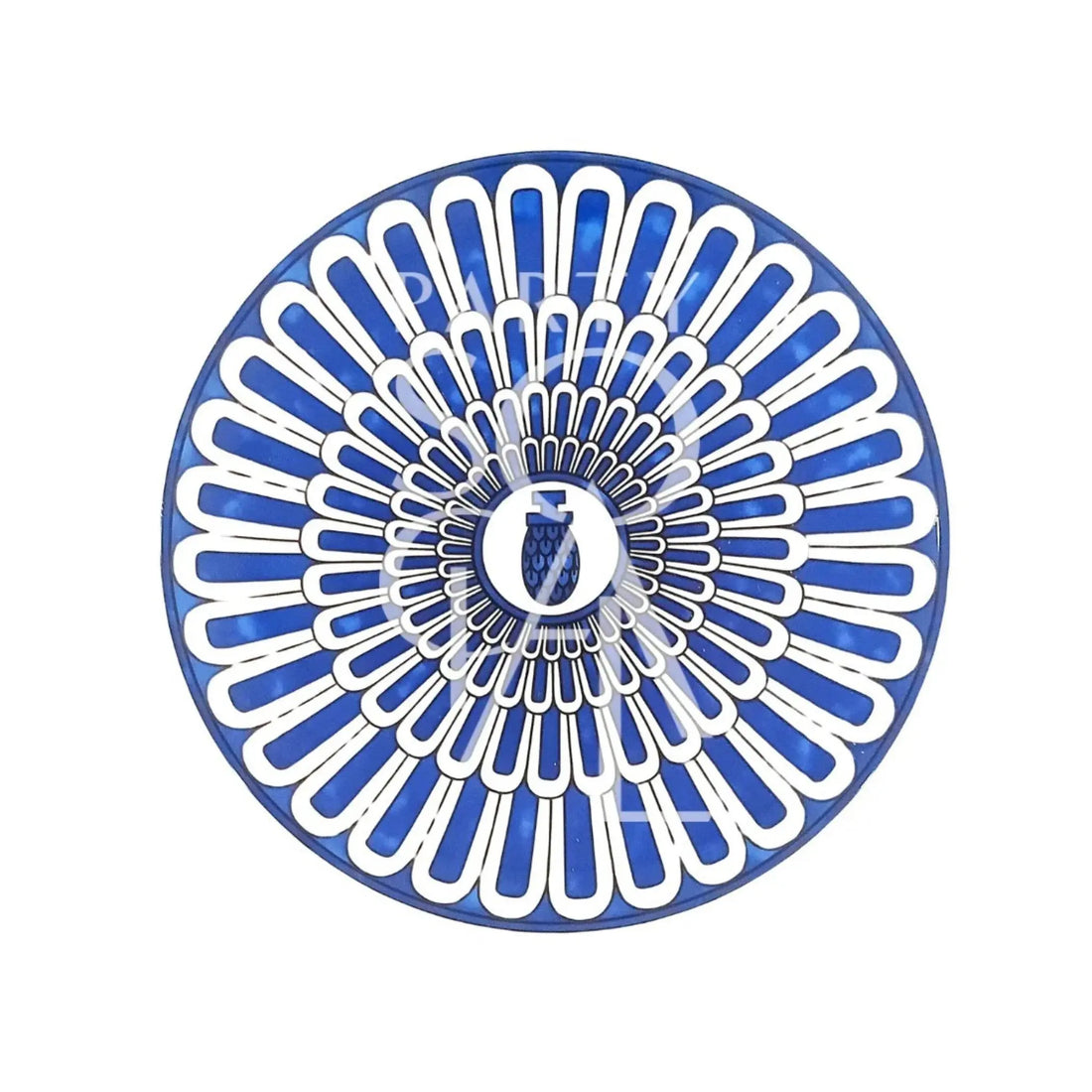 Geometric Blue Plates featuring a radial cobalt blue and white pattern; ideal for enhancing table settings at weddings and special events.