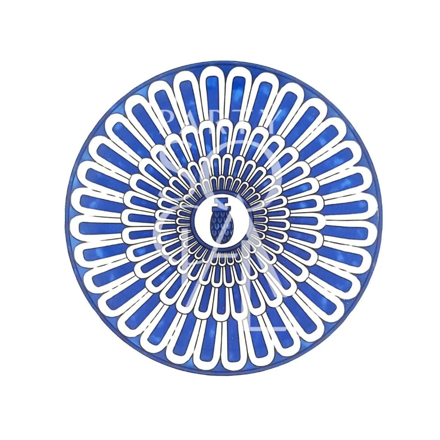 Geometric Blue Plates featuring a radial cobalt blue and white pattern; ideal for enhancing table settings at weddings and special events.
