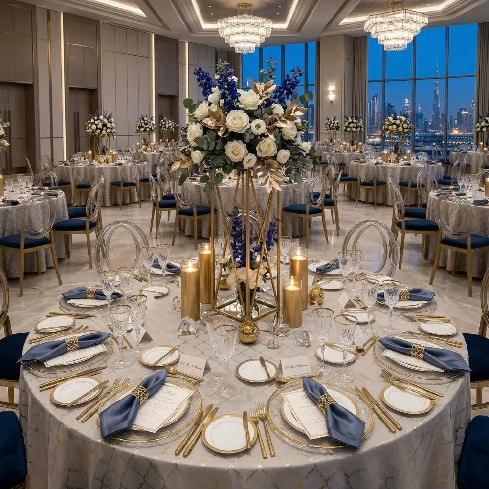 Golden Lattice Round Tablecloth elegantly drapes a formal dining table set with gold-rimmed china, coordinating gold flatware, and a geometric centerpiece for a sophisticated event.