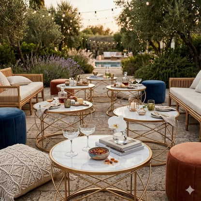 GOLD WIRE WITH MARBLE TOP COFFEE TABLE elegantly styled with coupe glasses, snacks, and decor amidst a Mediterranean-inspired outdoor lounge setting.