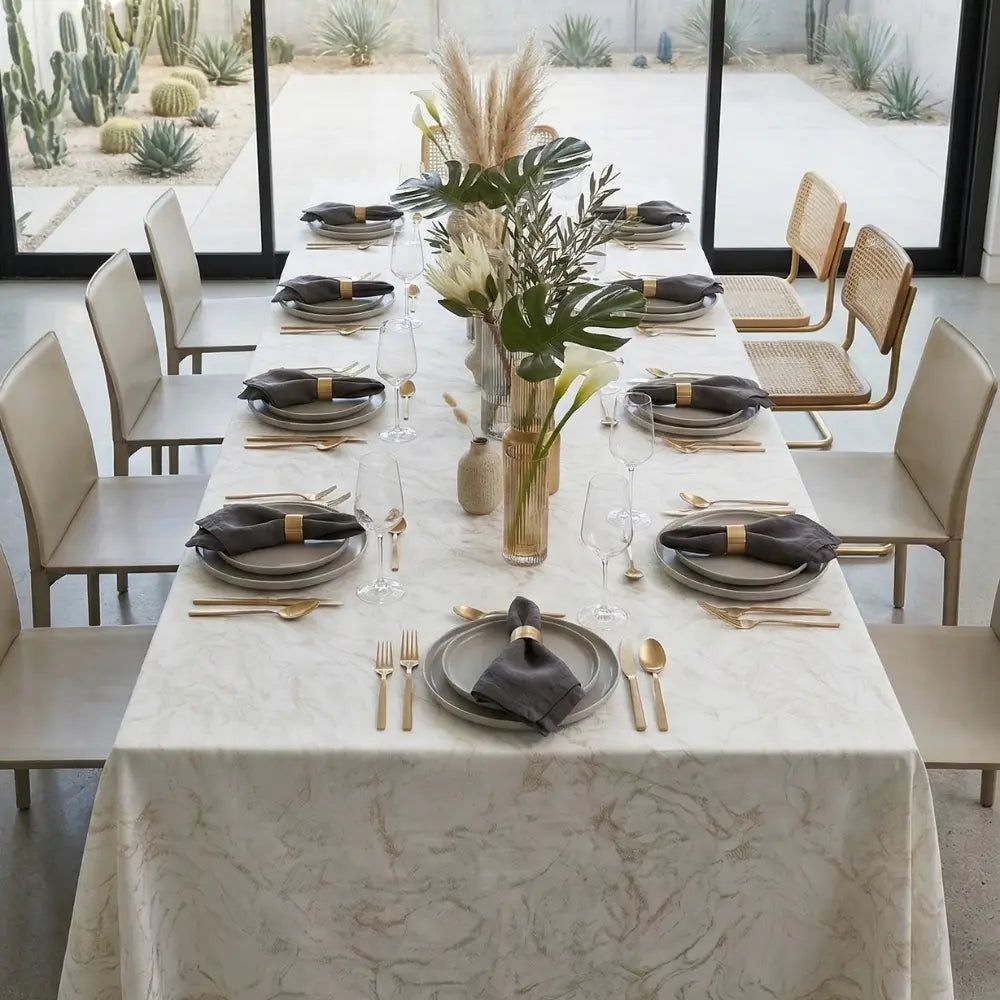 GOLD FOIL RECTANGULAR TABLECLOTH elegantly covers a modern dining table set for a formal meal, complemented by gold flatware and mixed-style chairs.