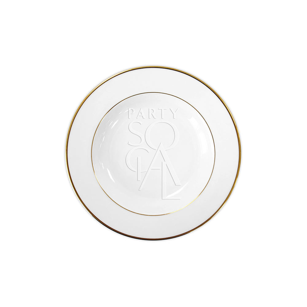 MODERN CHINA W/ GOLD RIM PLATES, elegantly designed for premium events, featuring a sleek gold-rimmed design. Available in various sizes for versatile table settings.