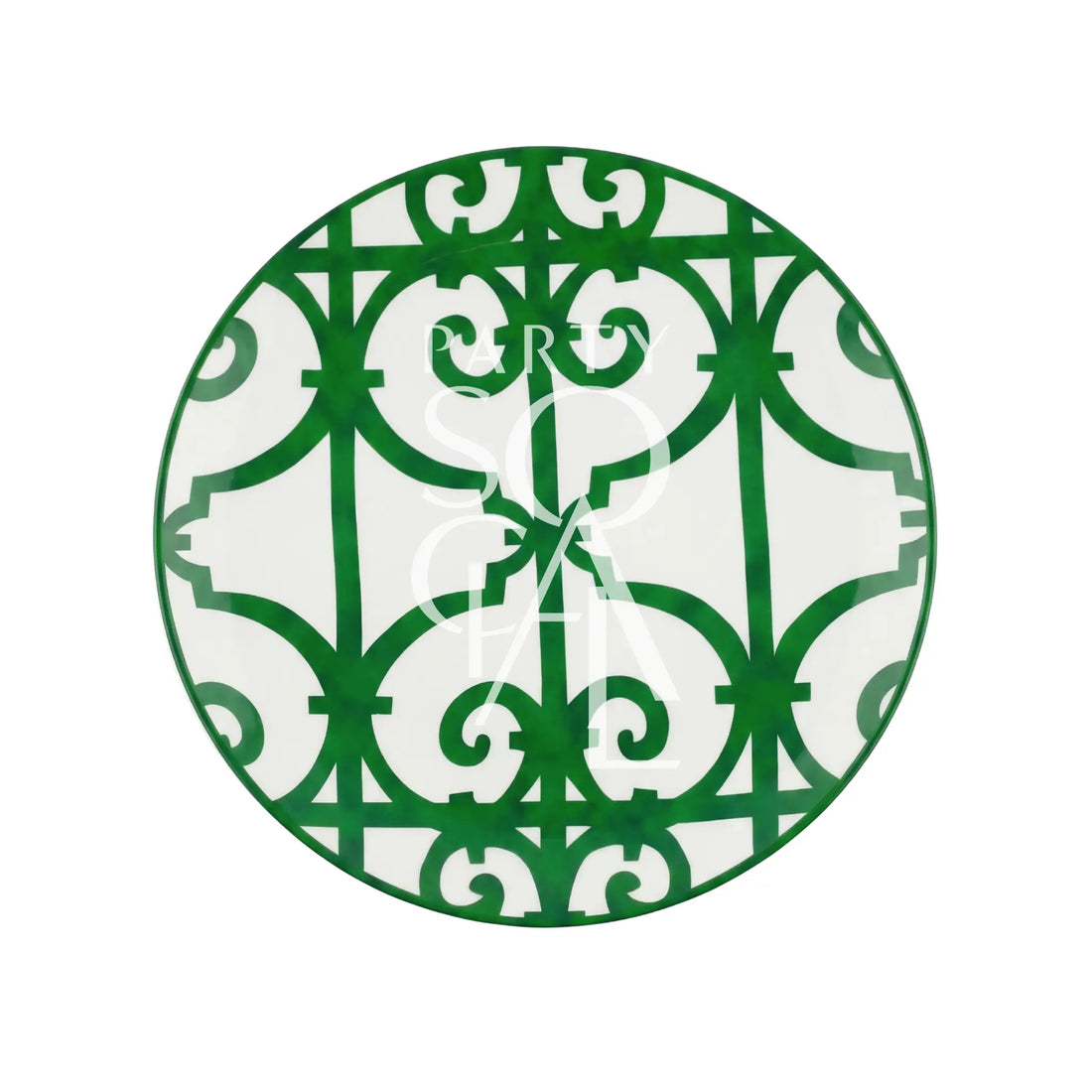 GREEN &amp; BOLD PLATES: A decorative platter with intricate green scrollwork, ideal for rustic-themed events, enhancing indoor or outdoor tablescapes with warmth and elegance.