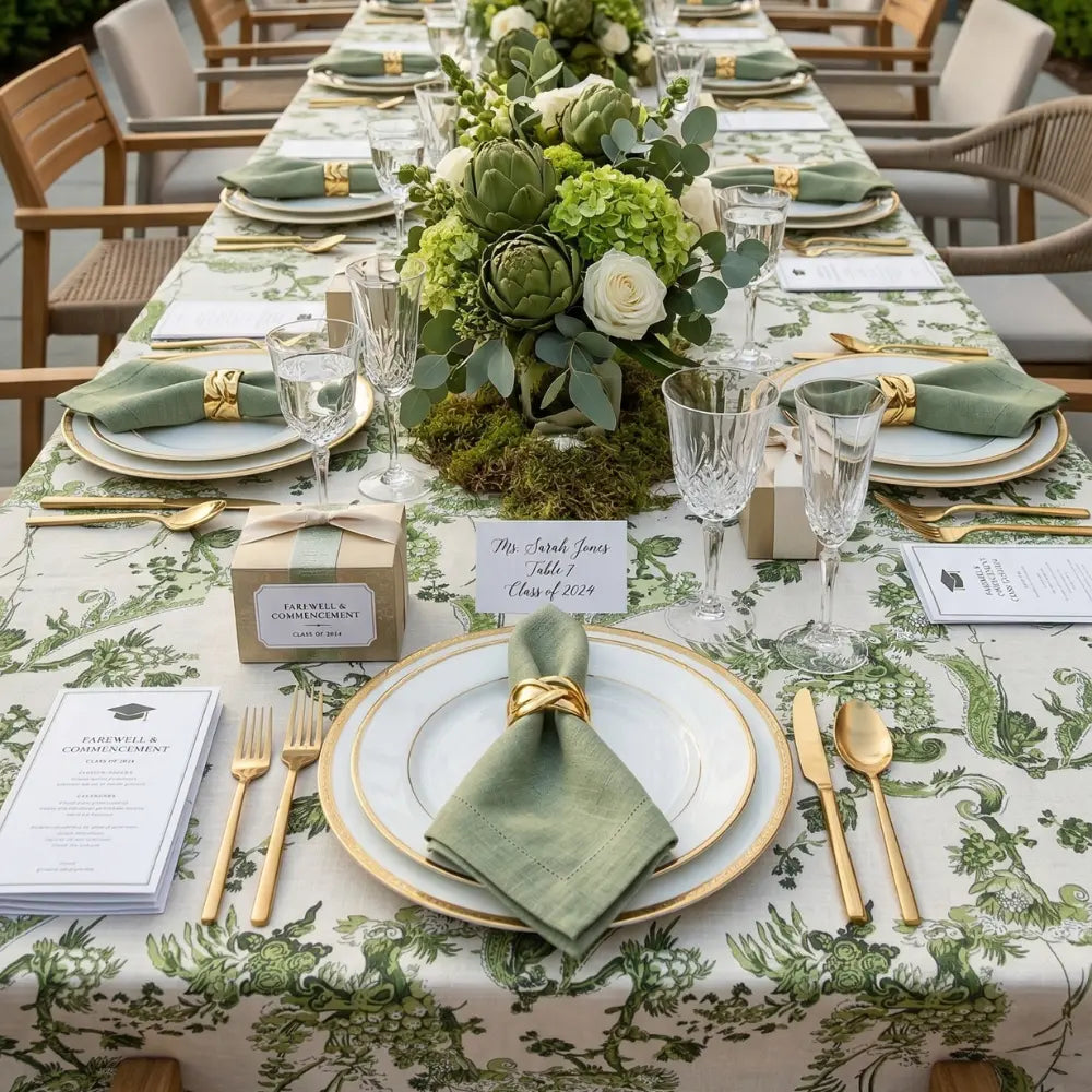 GREEN VINE RECTANGULAR TABLECLOTH elegantly drapes a formal outdoor dining table, set with gold-edged plates, crystal glasses, and lush green-and-white floral arrangements.