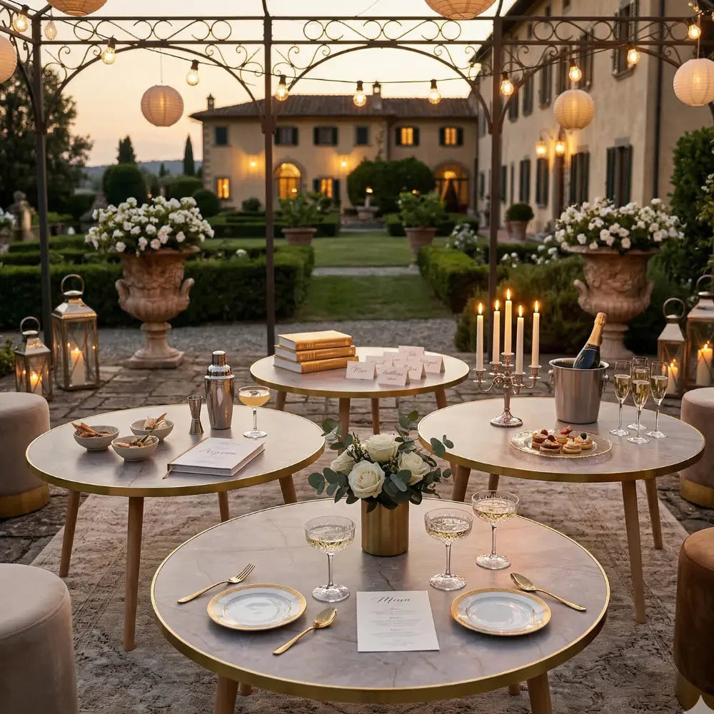 GREY GOLD RIMMED COFFEE TABLE with marble-effect top, elegantly set with fine china, gold flatware, and candles, at an outdoor cocktail event setup.