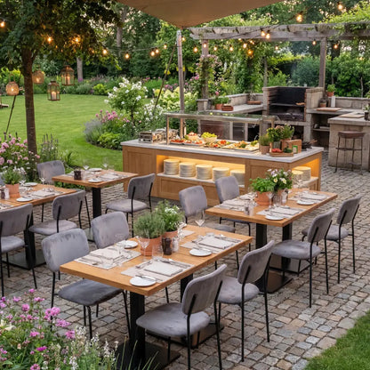 Simple Velvet Chairs with gold and black legs arranged around wooden tables in an elegant outdoor dining setup, perfect for high-end celebrations.