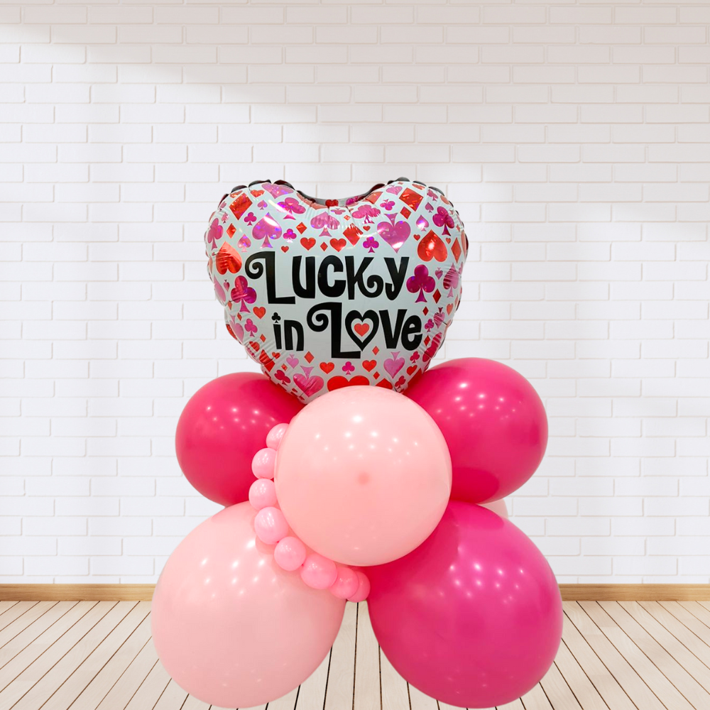 Lucky In Love Balloon Stack featuring heart-shaped foil and latex balloons, perfect for romantic celebrations or surprising someone special.