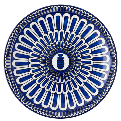 Geometric Blue Plates featuring a cobalt-blue radial pattern with white arches, perfect for enhancing table settings at events and special occasions.