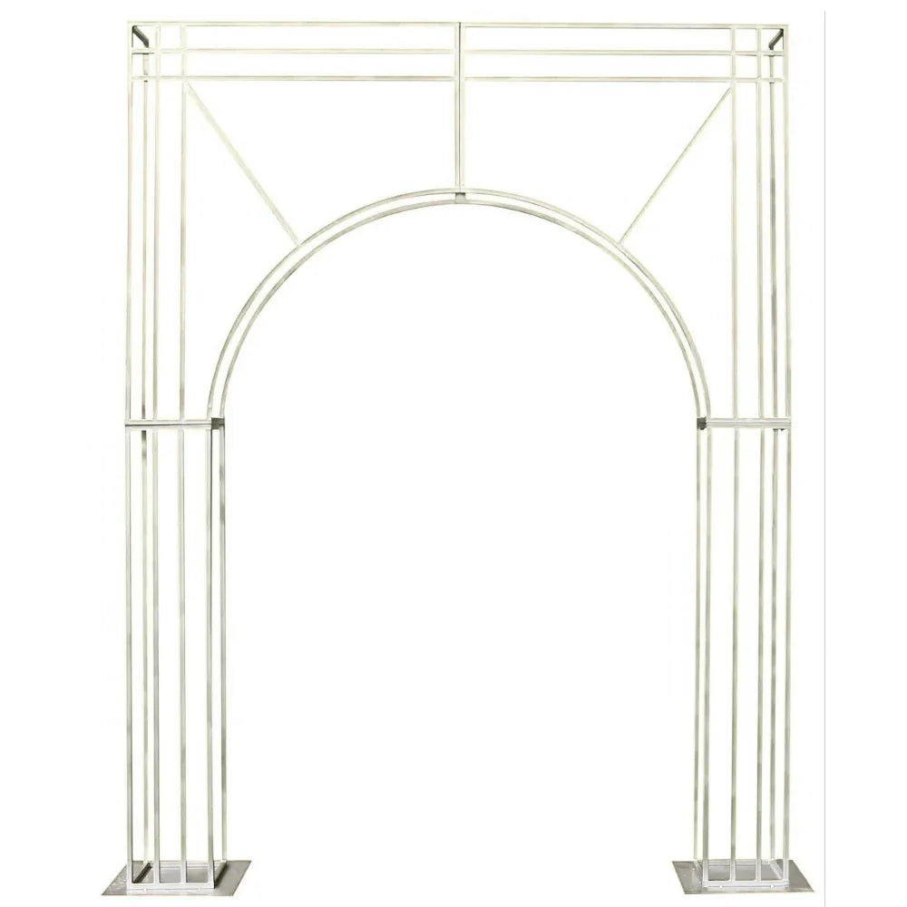 Geometric Metal Backdrop Arch with a freestanding design, featuring parallel metal bars forming rectangular and triangular patterns. Ideal for event entryways or backdrops.